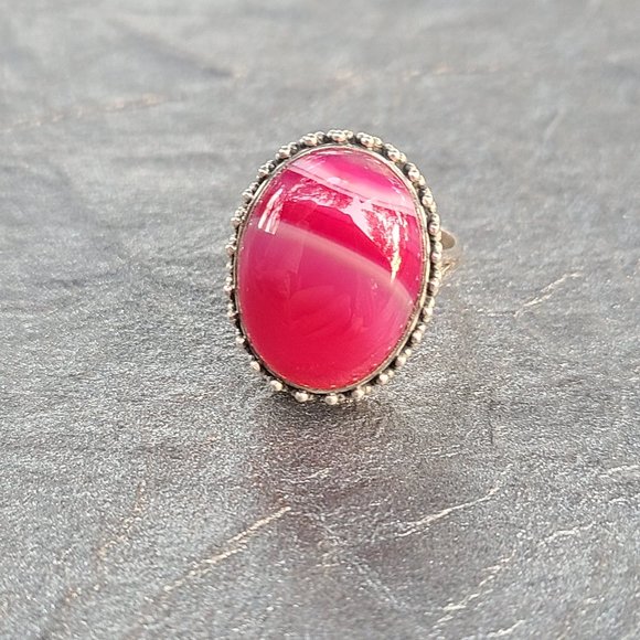 Pink Agate Ring Size 9  1/ 2 Sterling Silver-Chunky Ring - Picture 2 of 5